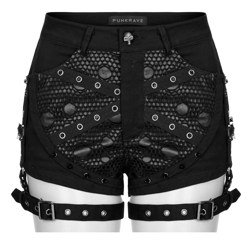 Punk Black Mesh Garter Shorts with Buckle Straps