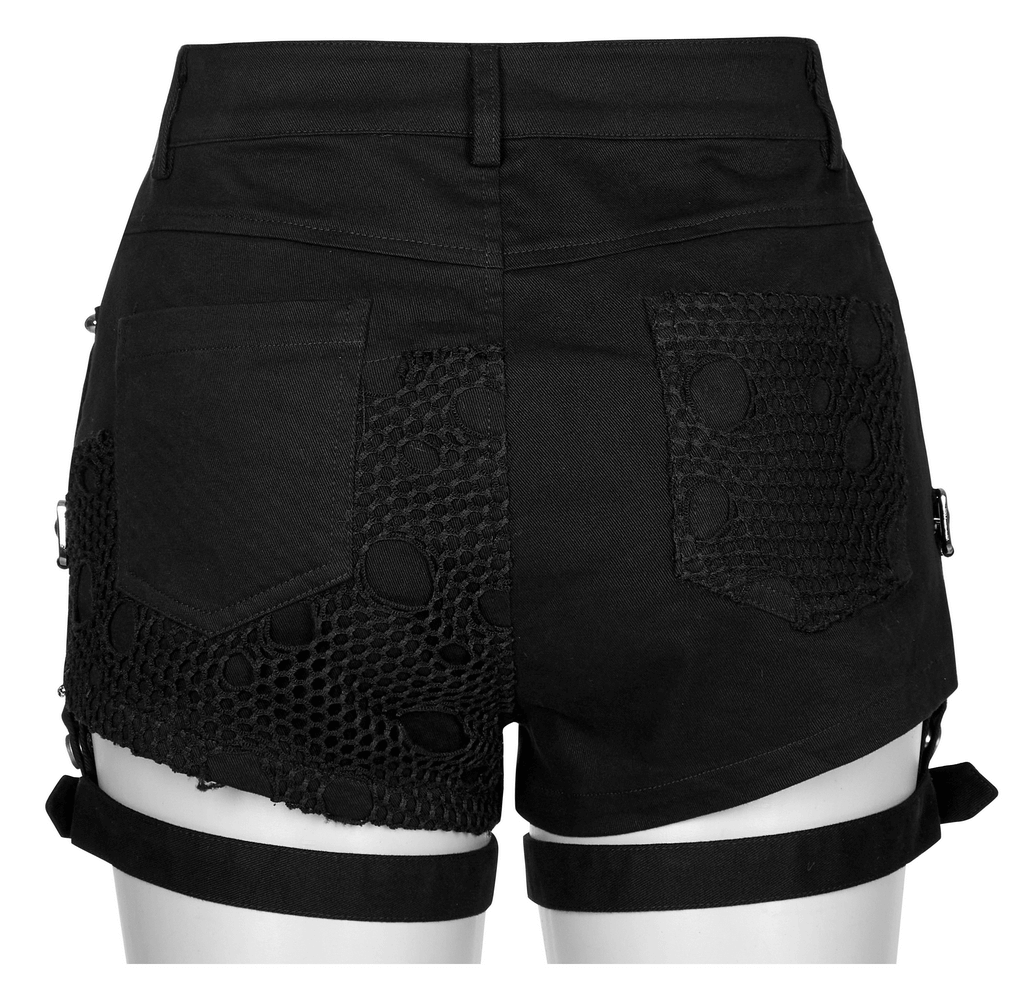 Punk Black Mesh Garter Shorts with Buckle Straps