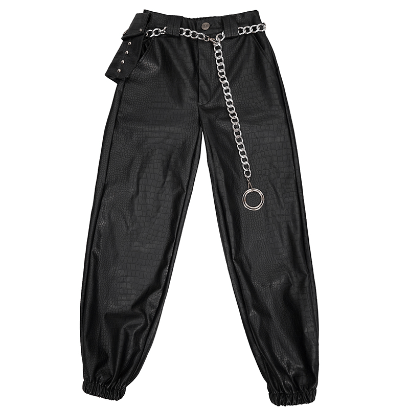 Punk Black PU Leather Cargo Pants / Women's Trousers with Thick Metal Chain & Small Waistbag