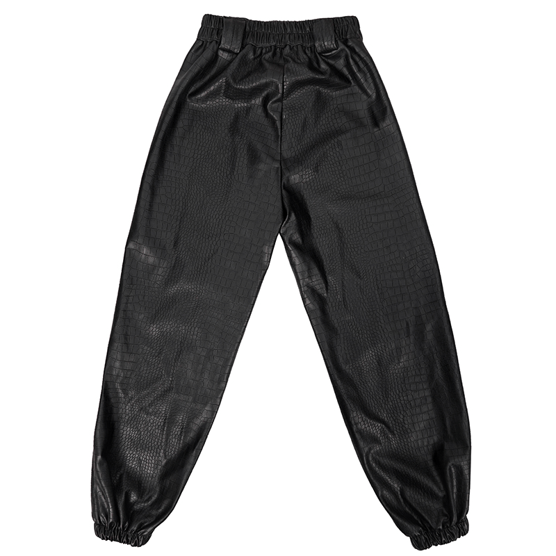 Punk Black PU Leather Cargo Pants / Women's Trousers with Thick Metal Chain & Small Waistbag