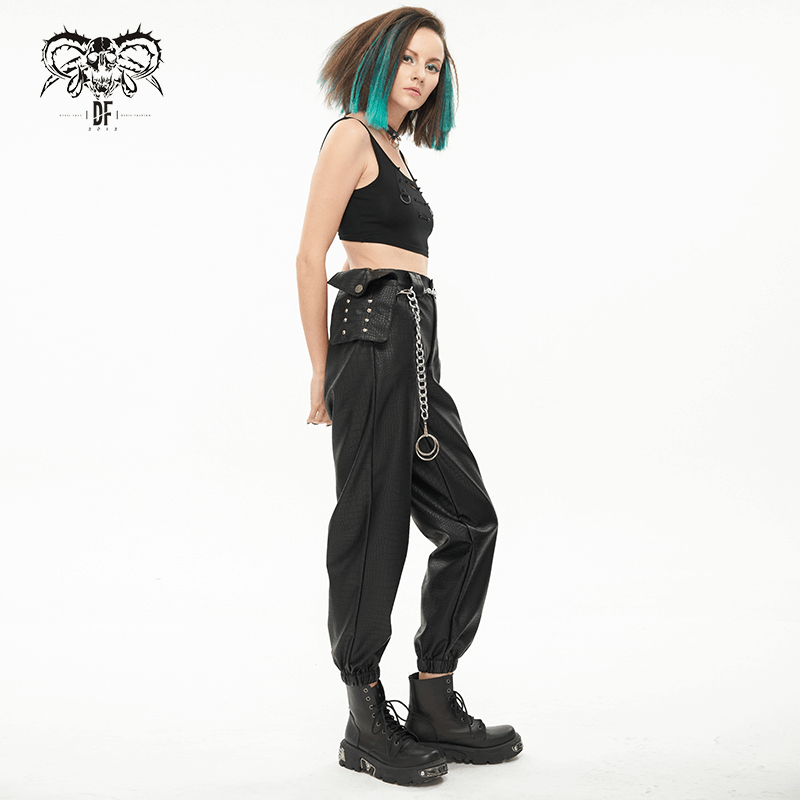 Punk Black PU Leather Cargo Pants / Women's Trousers with Thick Metal Chain & Small Waistbag