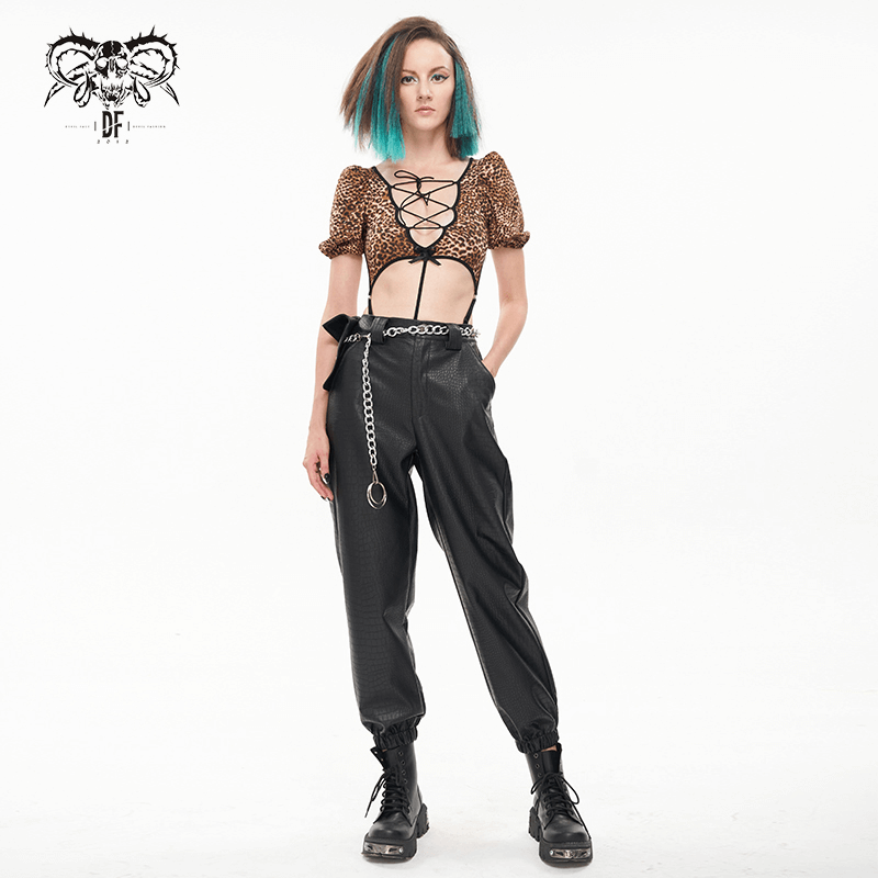 Punk Black PU Leather Cargo Pants / Women's Trousers with Thick Metal Chain & Small Waistbag