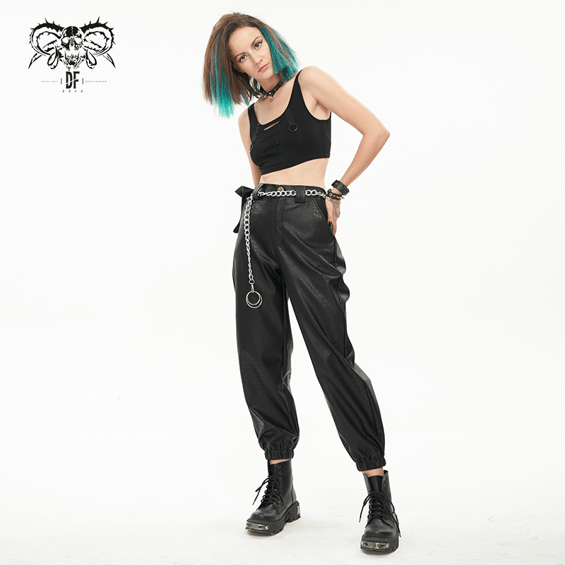 Punk Black PU Leather Cargo Pants / Women's Trousers with Thick Metal Chain & Small Waistbag