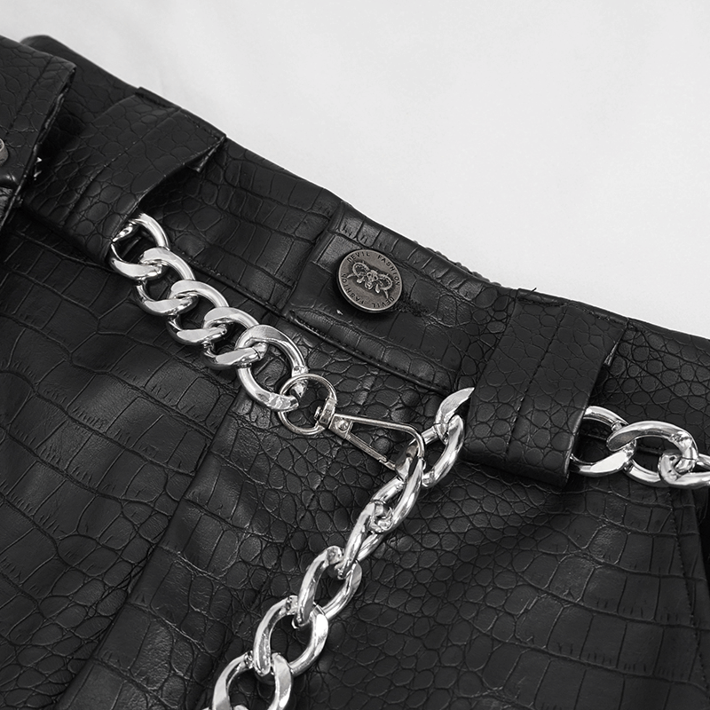 Punk Black PU Leather Cargo Pants / Women's Trousers with Thick Metal Chain & Small Waistbag