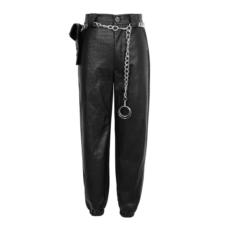 Punk Black PU Leather Cargo Pants / Women's Trousers with Thick Metal Chain & Small Waistbag