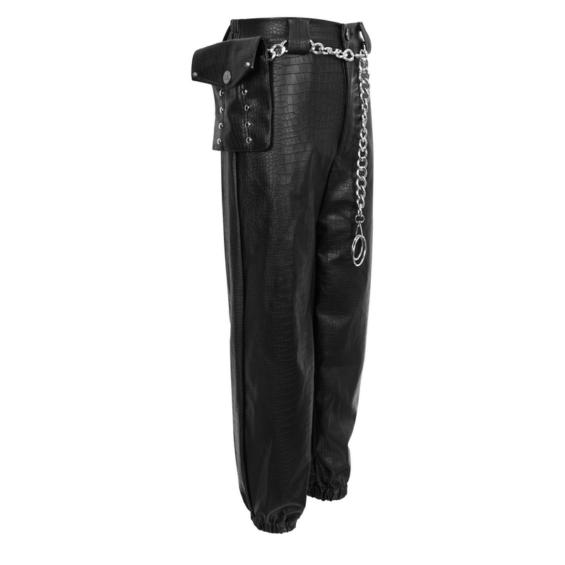 Punk Black PU Leather Cargo Pants / Women's Trousers with Thick Metal Chain & Small Waistbag