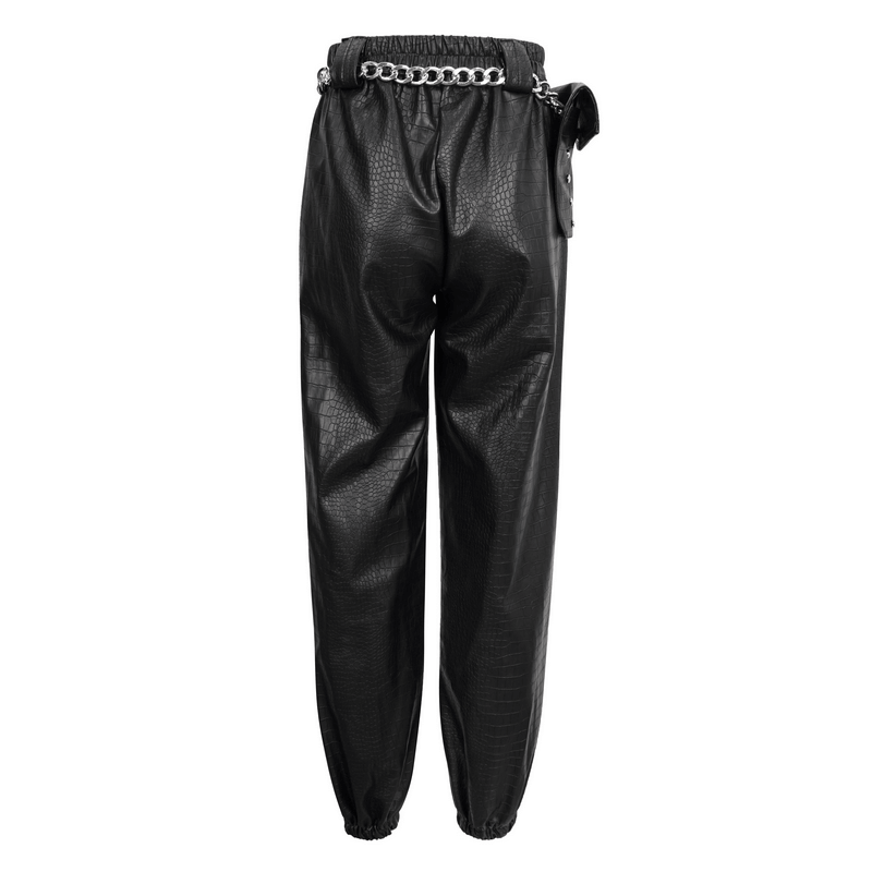 Punk Black PU Leather Cargo Pants / Women's Trousers with Thick Metal Chain & Small Waistbag