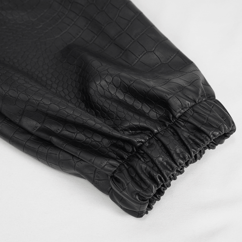 Punk Black PU Leather Cargo Pants / Women's Trousers with Thick Metal Chain & Small Waistbag