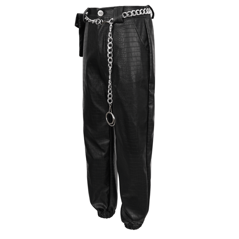 Punk Black PU Leather Cargo Pants / Women's Trousers with Thick Metal Chain & Small Waistbag