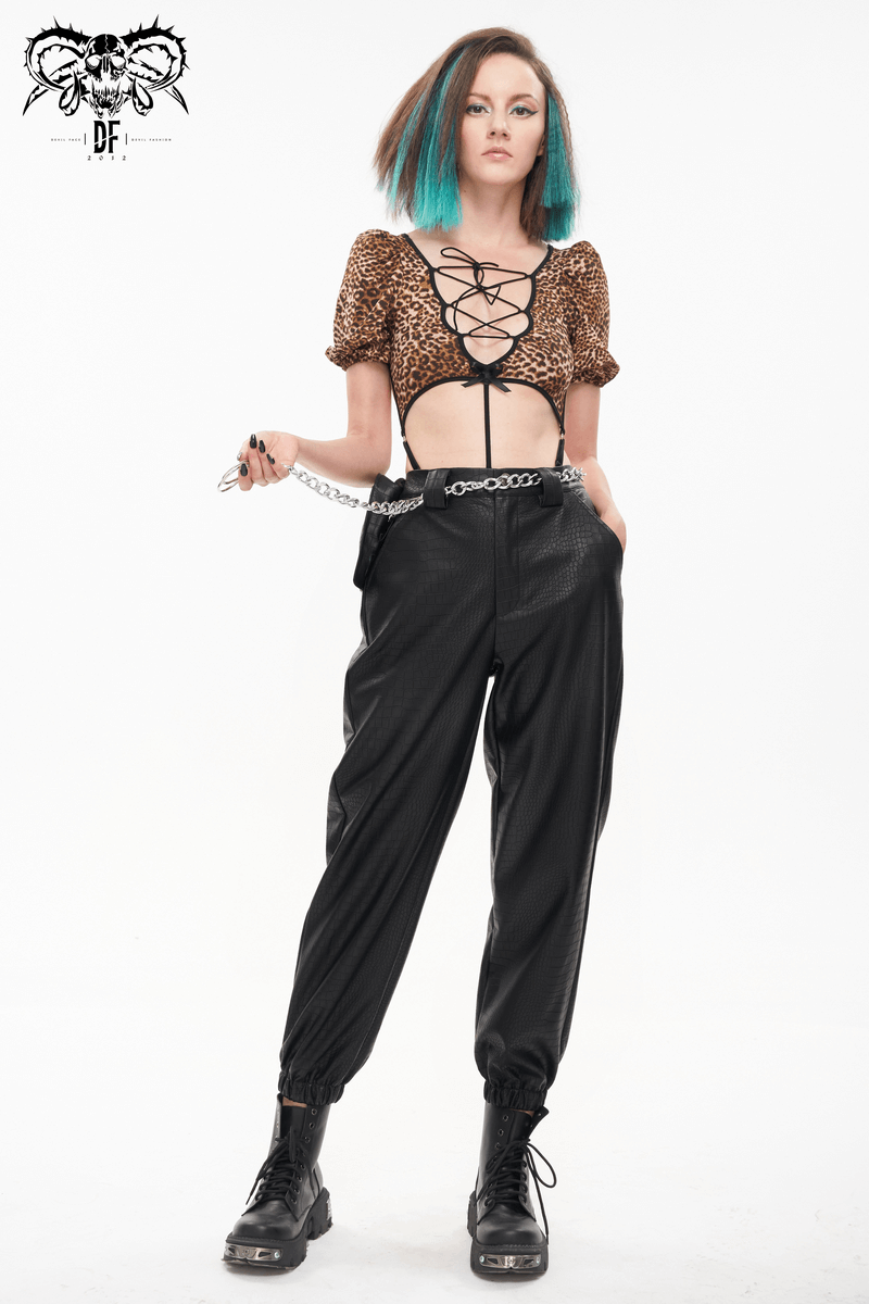Punk Black PU Leather Cargo Pants / Women's Trousers with Thick Metal Chain & Small Waistbag