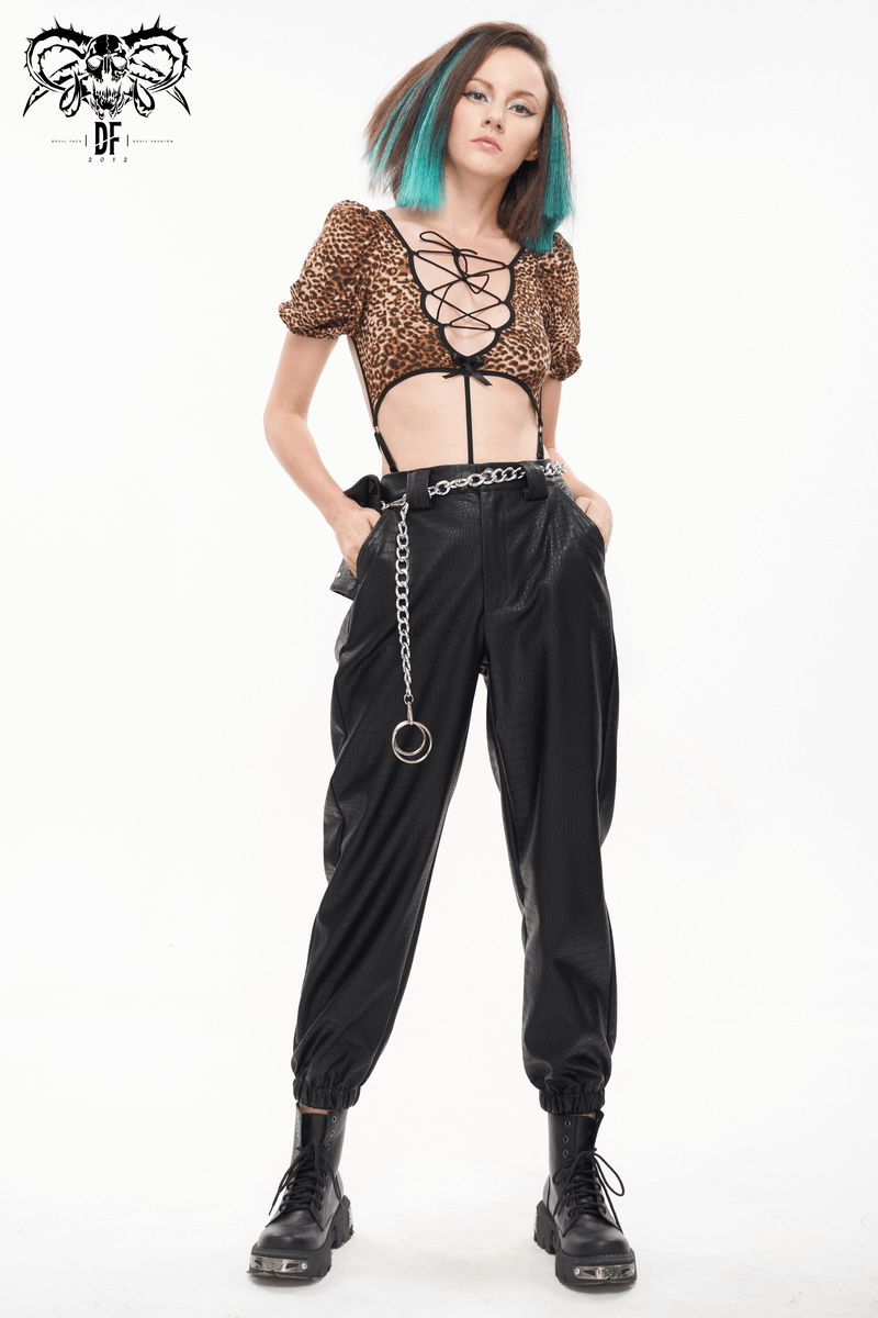 Punk Black PU Leather Cargo Pants / Women's Trousers with Thick Metal Chain & Small Waistbag