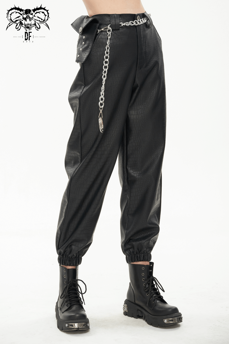 Punk Black PU Leather Cargo Pants / Women's Trousers with Thick Metal Chain & Small Waistbag