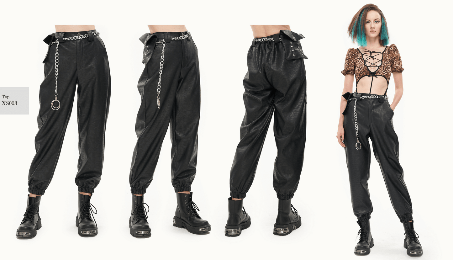 Punk Black PU Leather Cargo Pants / Women's Trousers with Thick Metal Chain & Small Waistbag