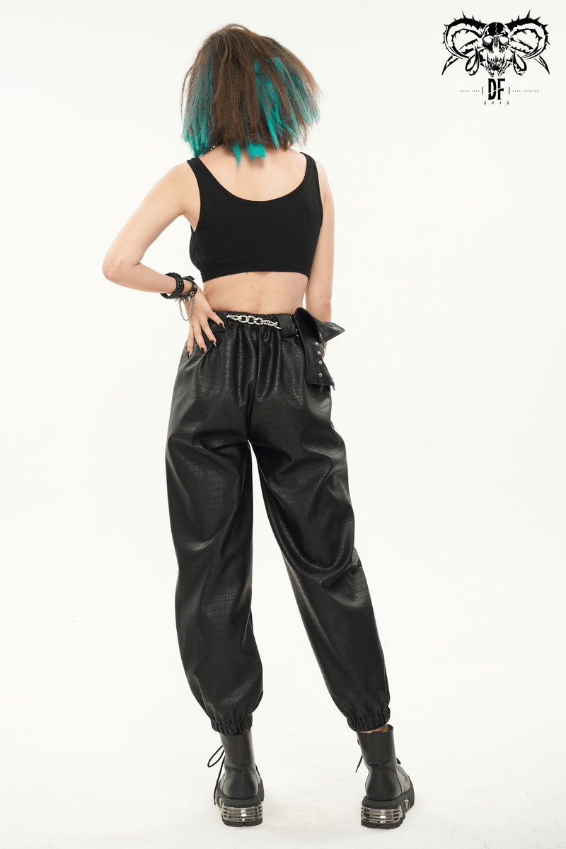Punk Black PU Leather Cargo Pants / Women's Trousers with Thick Metal Chain & Small Waistbag