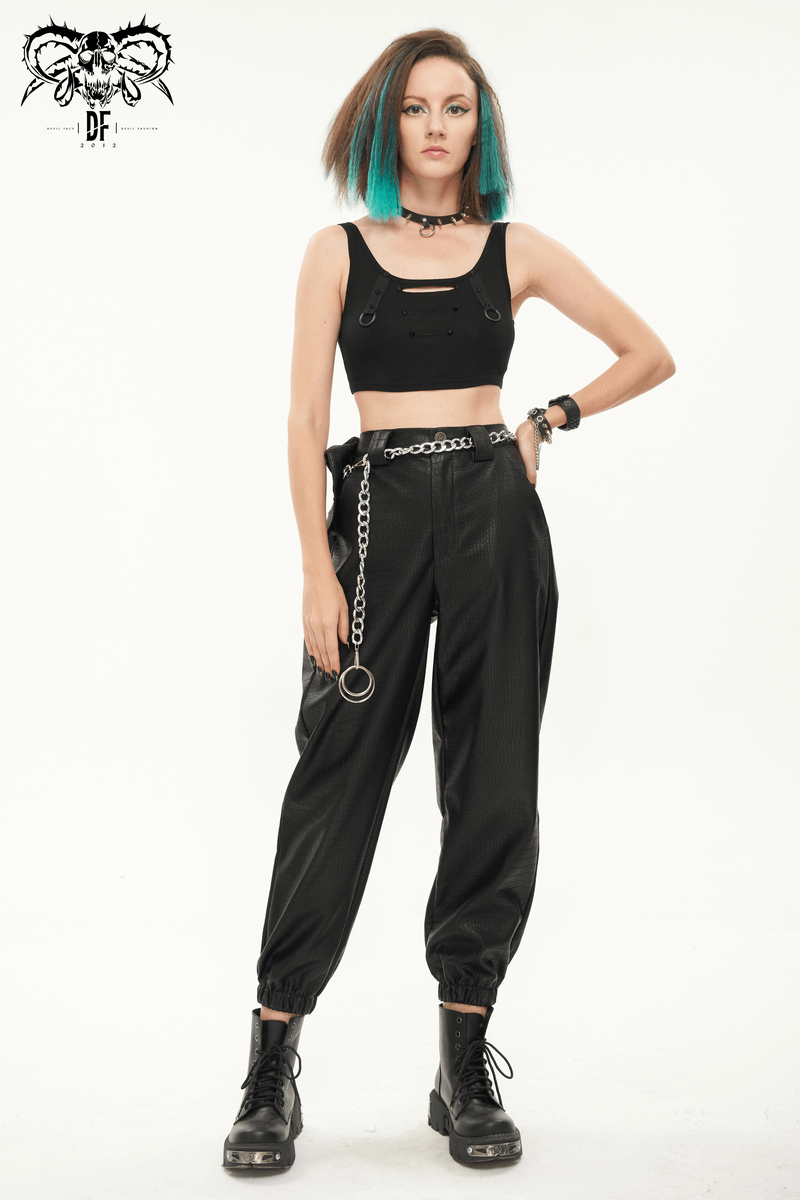 Punk Black PU Leather Cargo Pants / Women's Trousers with Thick Metal Chain & Small Waistbag