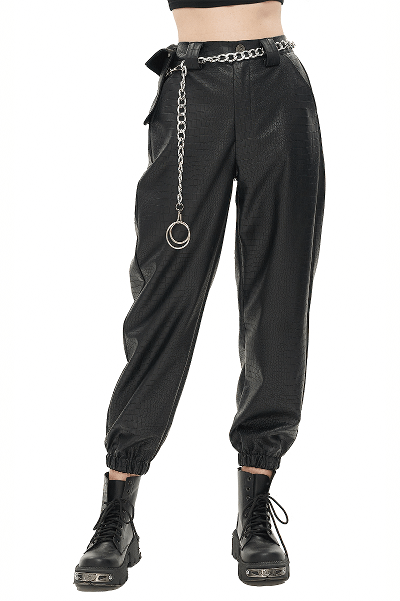 Punk Black PU Leather Cargo Pants / Women's Trousers with Thick Metal Chain & Small Waistbag