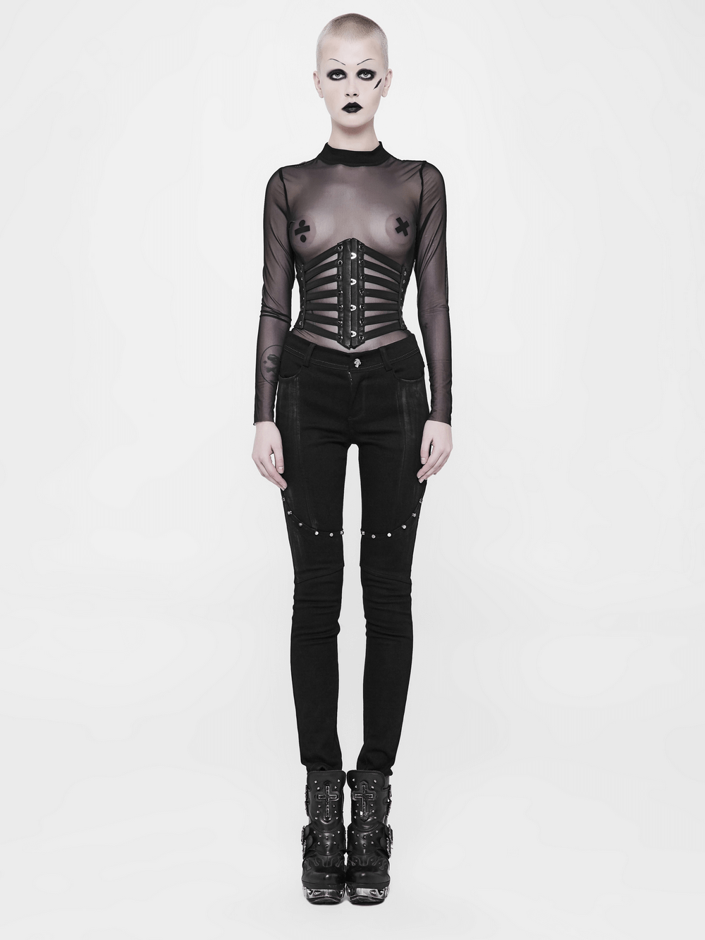 Punk Black PU Waist Girdle with Metal Corns and Lacing