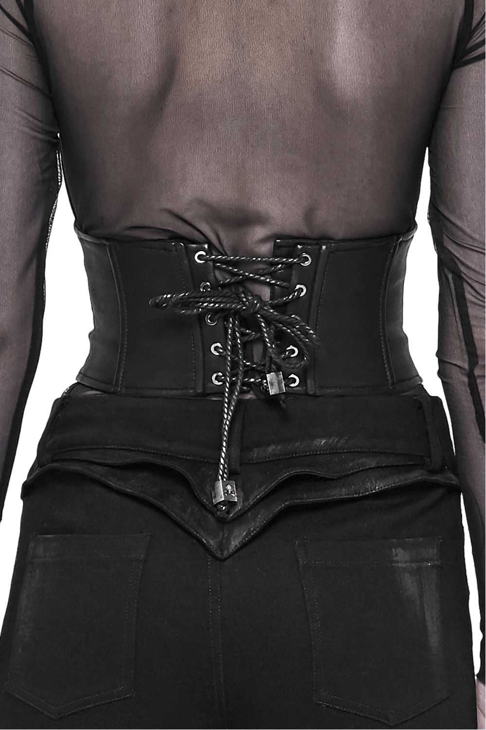 Punk Black PU Waist Girdle with Metal Corns and Lacing