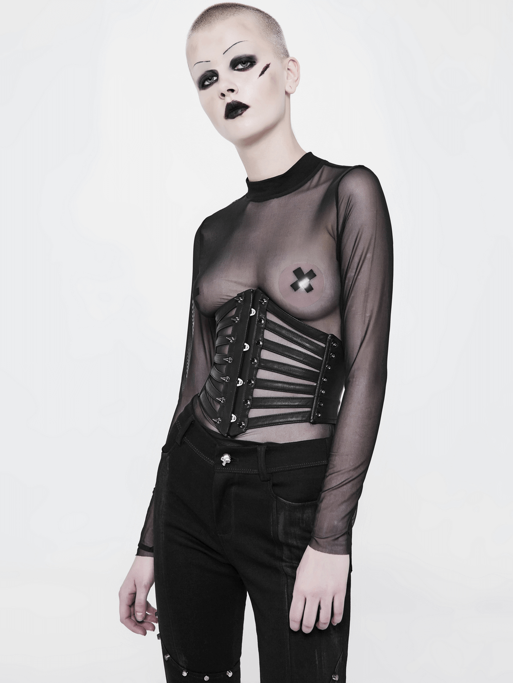 Punk Black PU Waist Girdle with Metal Corns and Lacing