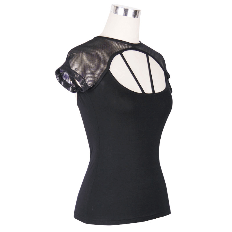Punk Black Sexy Short Mesh Sleeve T-Shirt For Women / Gothic O-neck Cotton Backless Tees Tops
