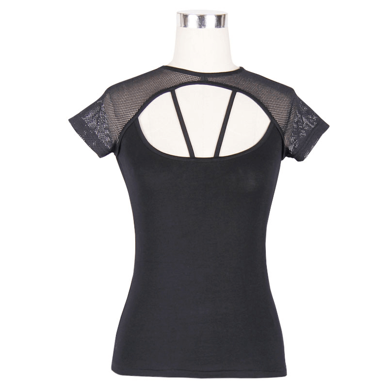 Punk Black Sexy Short Mesh Sleeve T-Shirt For Women / Gothic O-neck Cotton Backless Tees Tops