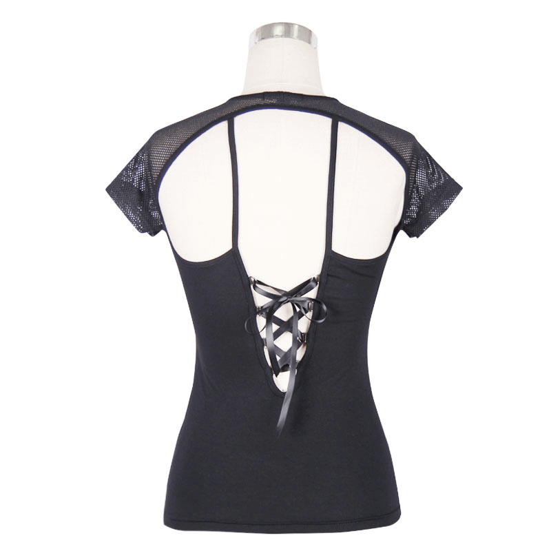 Punk Black Sexy Short Mesh Sleeve T-Shirt For Women / Gothic O-neck Cotton Backless Tees Tops