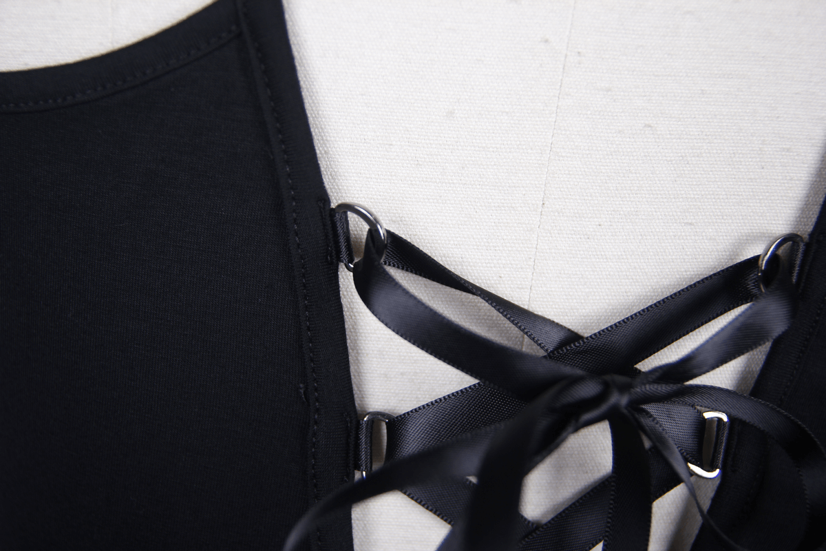 Punk Black Sexy Short Mesh Sleeve T-Shirt For Women / Gothic O-neck Cotton Backless Tees Tops