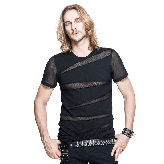 Punk Black Short Sleeves T-Shirt / Men's Asymmetric T-Shirt with Mesh / Transparent Casual Tops
