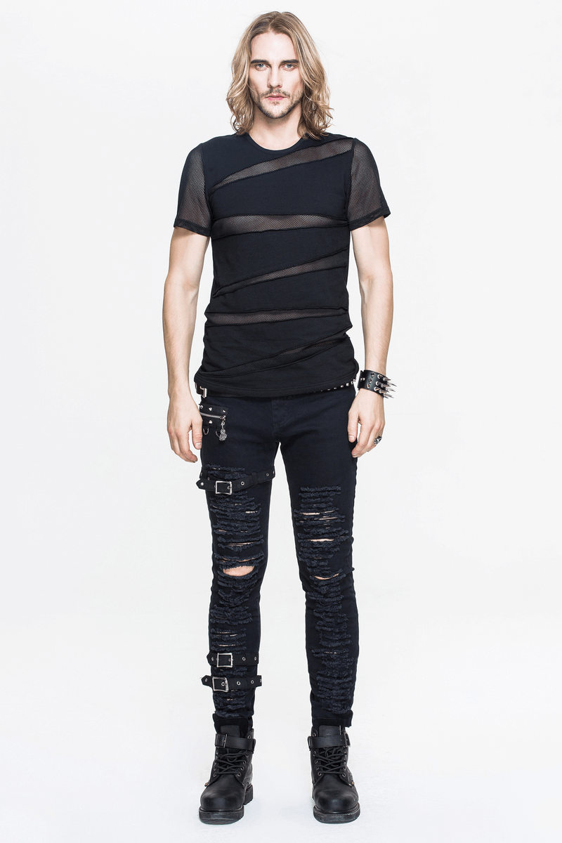 Punk Black Short Sleeves T-Shirt / Men's Asymmetric T-Shirt with Mesh / Transparent Casual Tops
