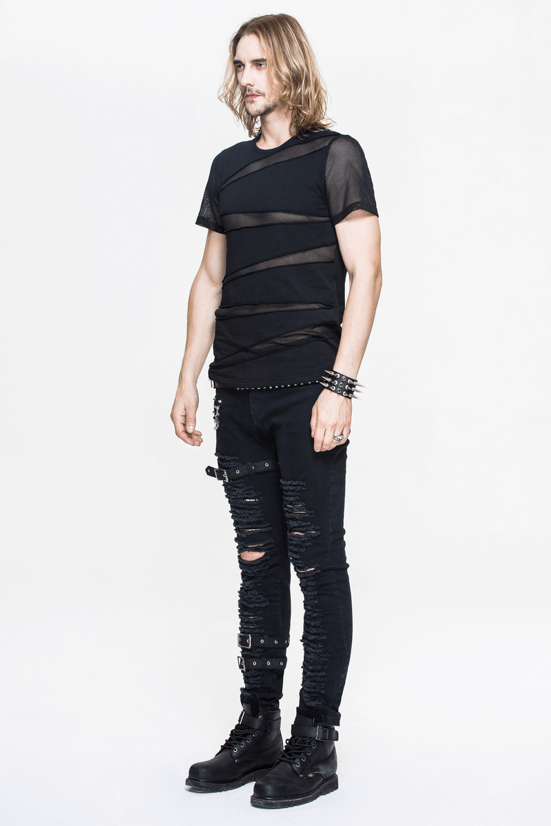 Punk Black Short Sleeves T-Shirt / Men's Asymmetric T-Shirt with Mesh / Transparent Casual Tops