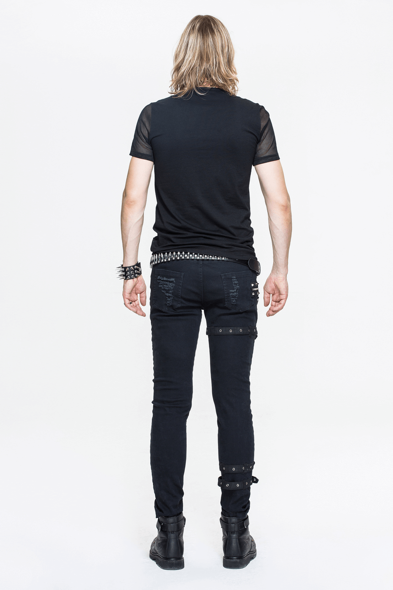 Punk Black Short Sleeves T-Shirt / Men's Asymmetric T-Shirt with Mesh / Transparent Casual Tops