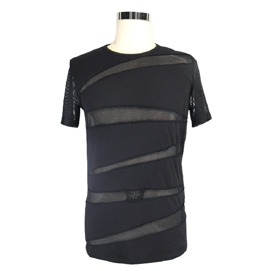 Punk Black Short Sleeves T-Shirt / Men's Asymmetric T-Shirt with Mesh / Transparent Casual Tops