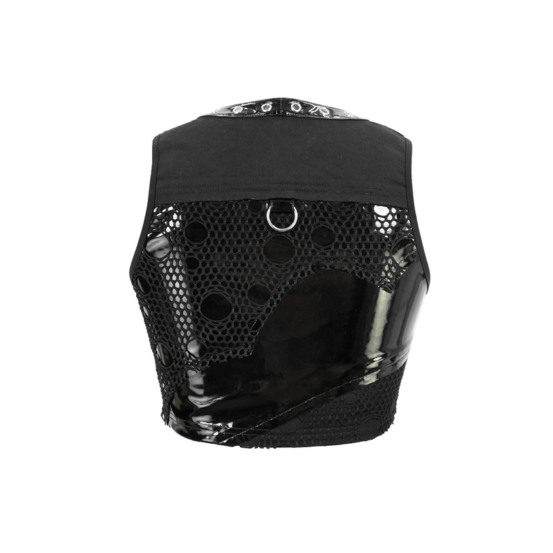 Punk Black Short Top With Mesh / Sleeveless V Neck Zipper Women's Top