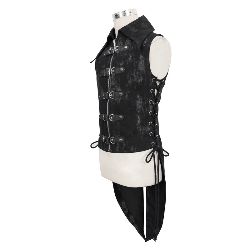 Punk Black Waistcoat with Lacing for Men / Stylish Male Zip Multi-Buckles Tail Waistcoats