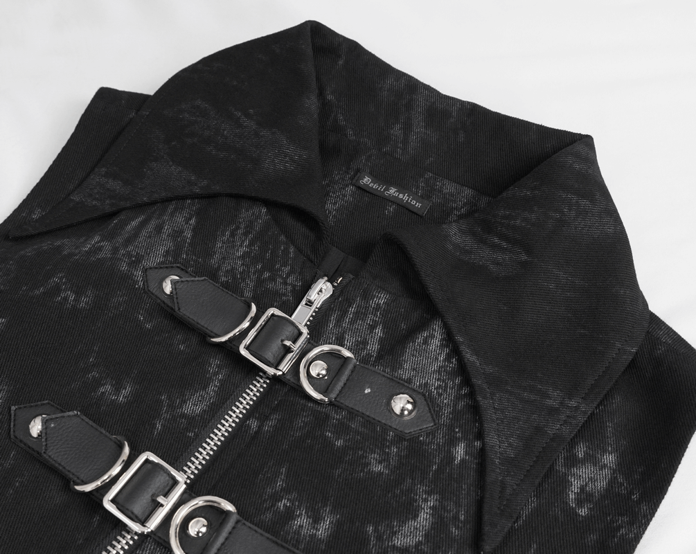 Punk Black Waistcoat with Lacing for Men / Stylish Male Zip Multi-Buckles Tail Waistcoats