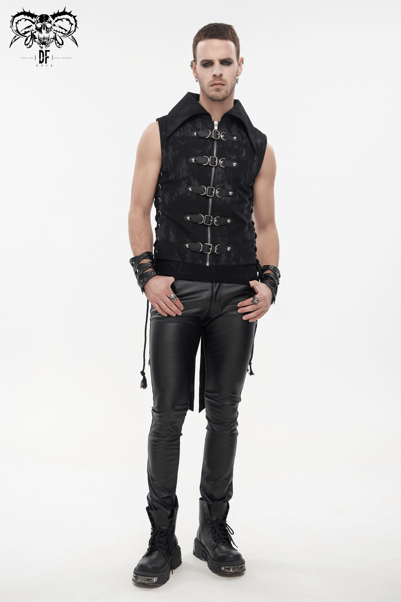 Punk Black Waistcoat with Lacing for Men / Stylish Male Zip Multi-Buckles Tail Waistcoats