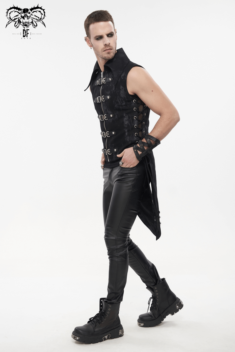 Punk Black Waistcoat with Lacing for Men / Stylish Male Zip Multi-Buckles Tail Waistcoats