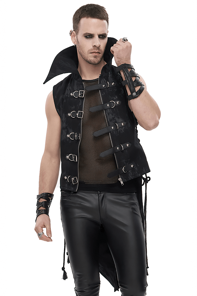 Punk Black Waistcoat with Lacing for Men / Stylish Male Zip Multi-Buckles Tail Waistcoats