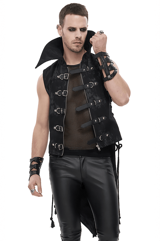 Punk Black Waistcoat with Lacing for Men / Stylish Male Zip Multi-Buckles Tail Waistcoats
