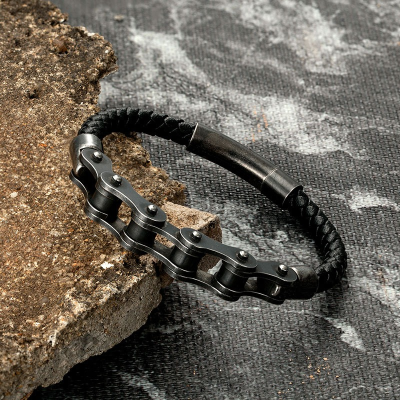 Punk Braided Genuine Leather Bracelet / Men's Stainless Steel Motorcycle Bike Wristband