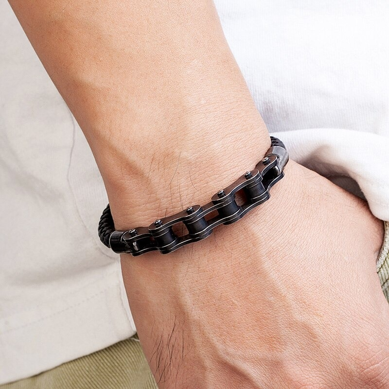 Punk Braided Genuine Leather Bracelet / Men's Stainless Steel Motorcycle Bike Wristband