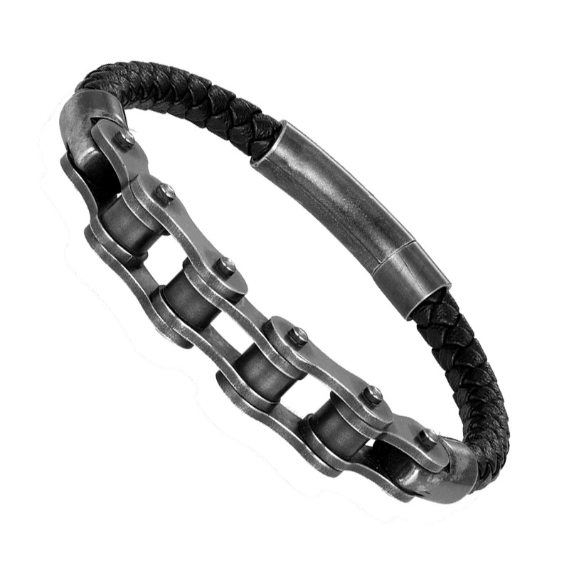Punk Braided Genuine Leather Bracelet / Men's Stainless Steel Motorcycle Bike Wristband