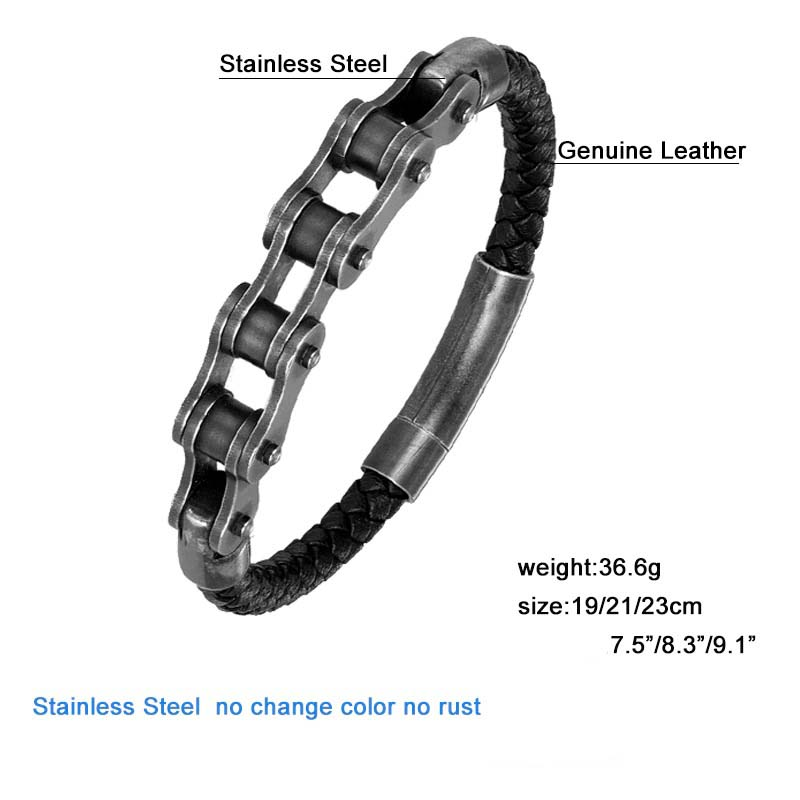 Punk Braided Genuine Leather Bracelet / Men's Stainless Steel Motorcycle Bike Wristband