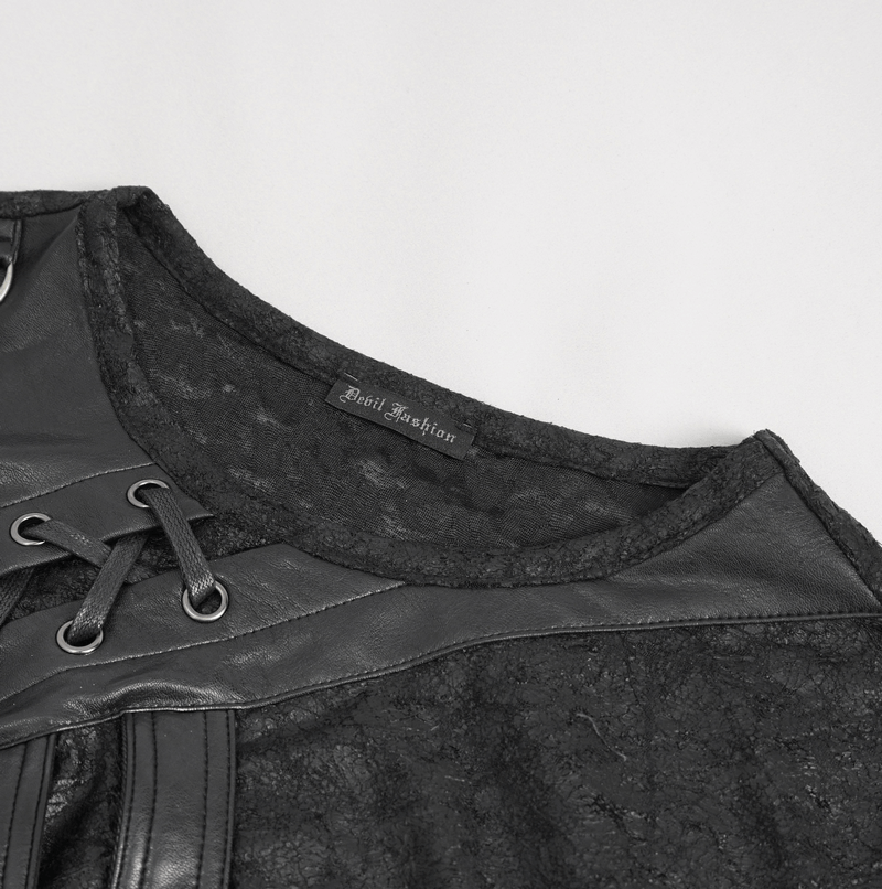 Punk Buckles Splice T-shirt with Pocket on Sleeve / Men's Round Neck Lace-Up T-Shirts