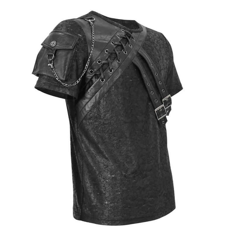Punk Buckles Splice T-shirt with Pocket on Sleeve / Men's Round Neck Lace-Up T-Shirts