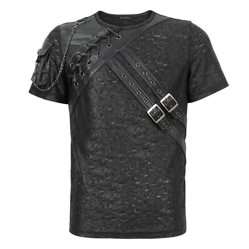 Punk Buckles Splice T-shirt with Pocket on Sleeve / Men's Round Neck Lace-Up T-Shirts