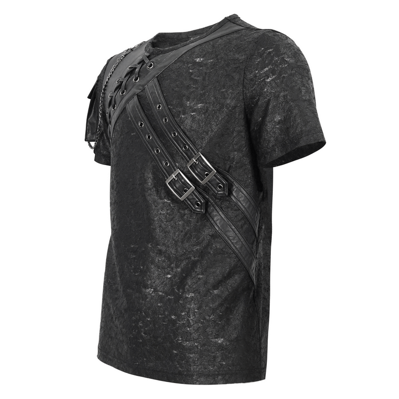 Punk Buckles Splice T-shirt with Pocket on Sleeve / Men's Round Neck Lace-Up T-Shirts