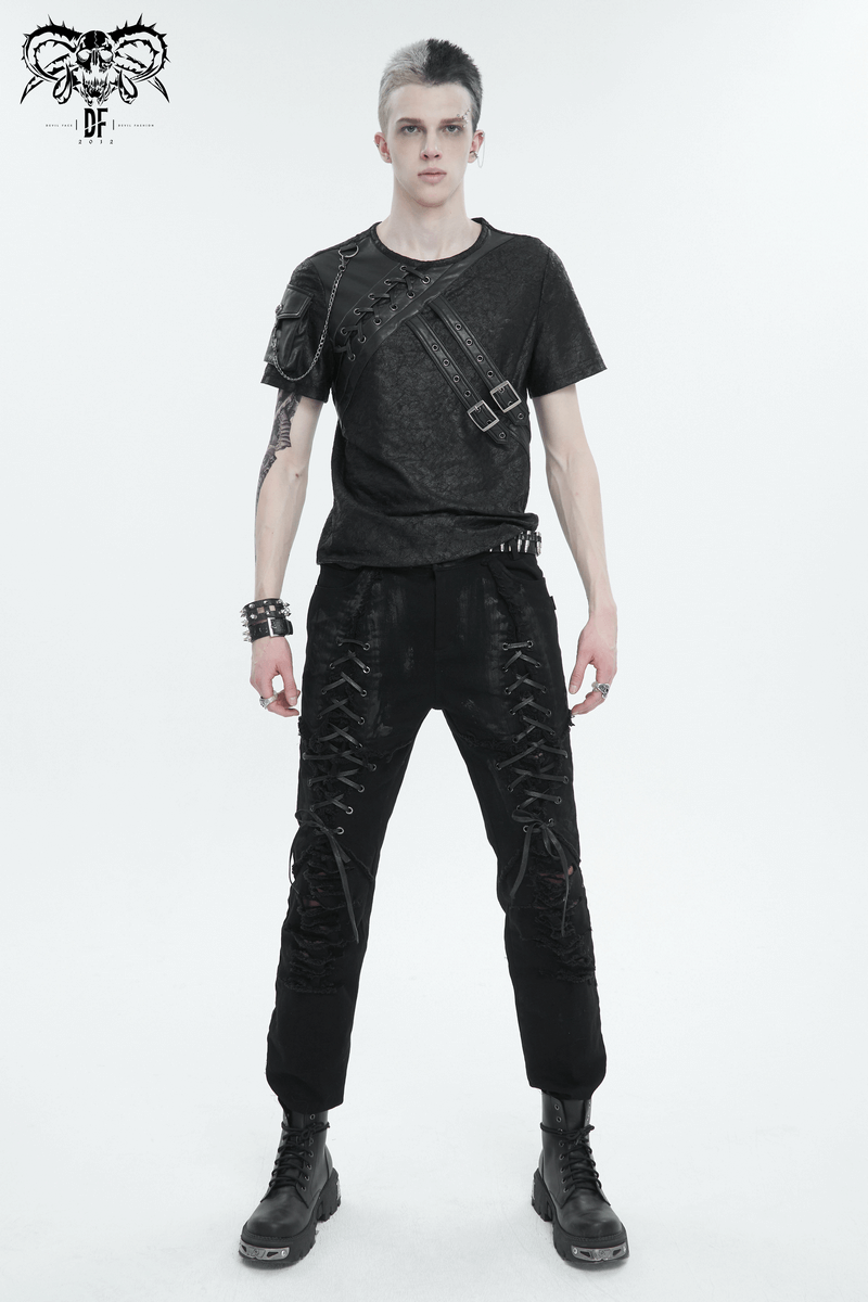 Punk Buckles Splice T-shirt with Pocket on Sleeve / Men's Round Neck Lace-Up T-Shirts