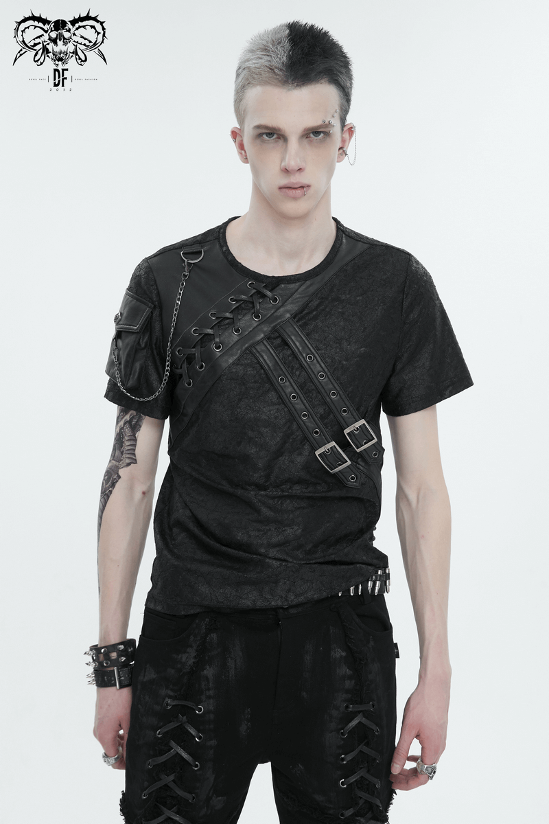 Punk Buckles Splice T-shirt with Pocket on Sleeve / Men's Round Neck Lace-Up T-Shirts