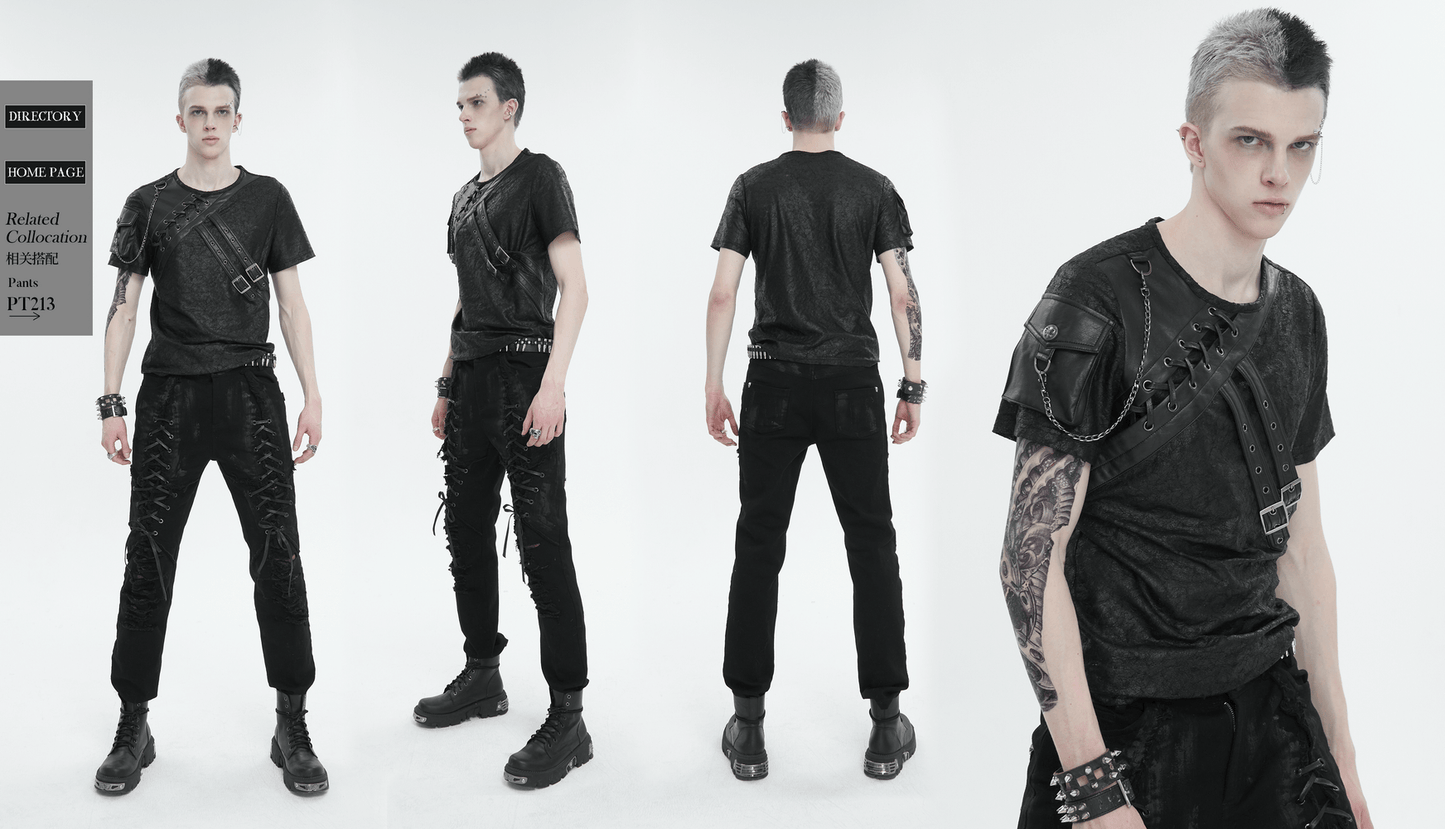 Punk Buckles Splice T-shirt with Pocket on Sleeve / Men's Round Neck Lace-Up T-Shirts
